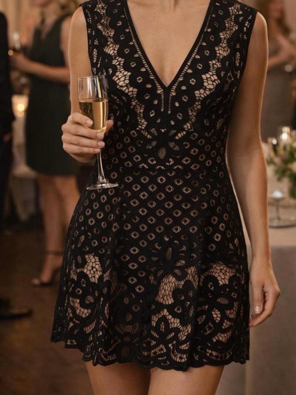 Free people Black Lace V-Neck Mini Dress